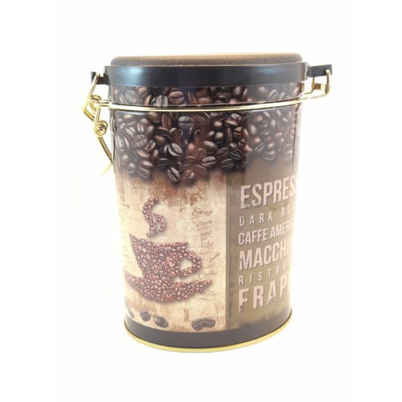 Ovális fém tároló doboz aromazárós tetővel Espresso mintával 16*11*7,5 cm