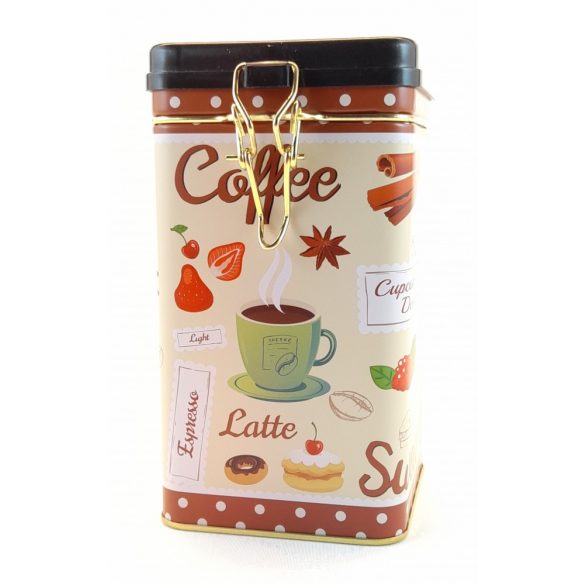Kávé, latte mintás, fém tárolódoboz, zárható tetővel, 16*9*9 cm