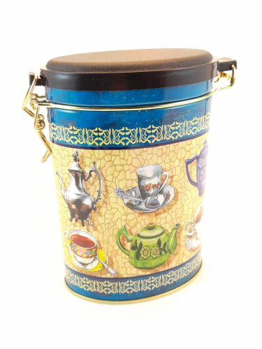 Ovális fém tároló doboz aromazárós tetővel Kannás, csészés  mintával 16*11*7,5 cm  Ingyenes szállítással 