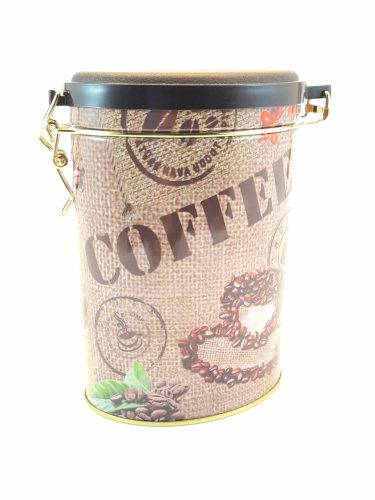 Ovális fém tároló doboz aromazárós tetővel kávészemes mintával 16*11*7,5 cm  Ingyenes szállítással 
