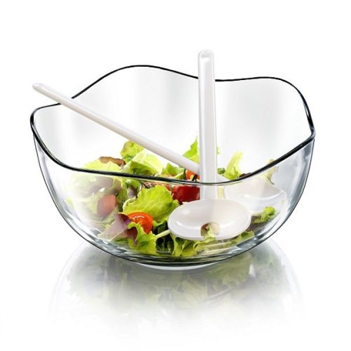 ONDA üveg salátás tál 26 cm+műanyag salátakanál + villa DÍSZDOBOZBAN