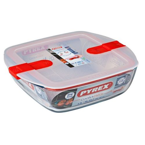 Pyrex Cook & Heat szögletes sütő-hűtő tál műanyag fedővel,  25*22*7 cm,    2,2 literes Ingyenes szállítással