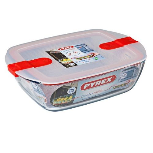 Pyrex Cook & Heat szögletes sütő-hűtő tál műanyag tetővel,   28*20*8 cm,   2,5 literes Ingyenes szállítással